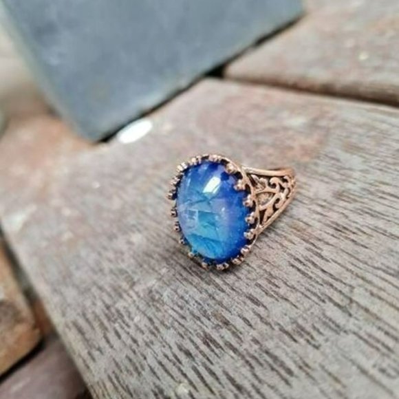 Men's Retro Blue Glass Mosaic Rose Gold Turkish Ring - Picture 5 of 8